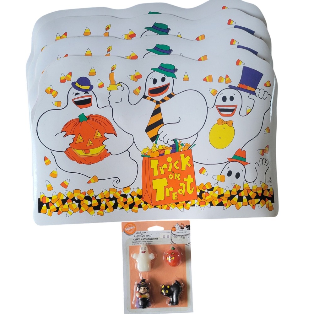 Vintage Halloween Ghost Placemats and Wilton Candle Cake Toppers 1990s Retro